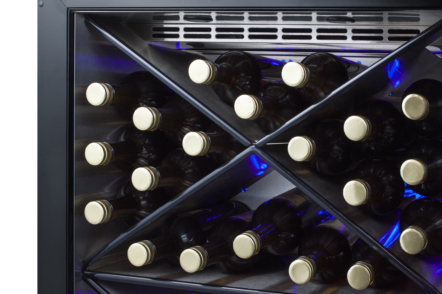 Built-in outdoor commercially listed wine cellar with stainless steel interior, diamond style shelving, digital controls, and stainless steel cabinet